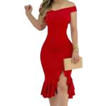 Robes d'été de soirée de printemps rouges à effet froissé en fibre synthétique à volants sans manches à épaules dénudées Taille 3 XL look fashion pour femme 