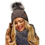 4sold Femme Set Bonnet et écharpe Alpaga d'hiver Wool Chapeau Hat Grande Pom Pom Bonnet d'hiver Chaud Doublure Polaire - Set Dark Brown