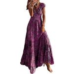 Robes longues fleuries de soirée violettes à fleurs maxi à manches courtes à col en V Taille XL style bohème pour femme en promo 