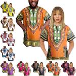 Chemises orange imprimé africain en coton à motif Afrique imprimées à manches courtes à col rond Taille L style ethnique 