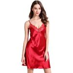 Aivtalk - Femme Chemise de Nuit Courte en Soie Artificielle Robe de Nuit Col V en Dentelle Babydoll Lingerie Style 4 Rouge 44