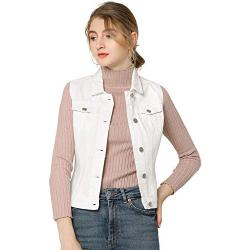 Allegra K Gilet boutonné en jean délavé avec poches à rabat sur la poitrine pour femme, blanc, XL