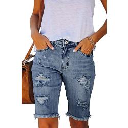 ANCAPELION Bermuda Short pour femme, taille haute Skinny déchiré ourlet brut classique Bermuda Denim Shorts, A - Bleu authentique, M