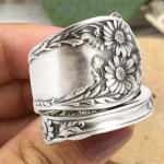 Bagues vintage gris plomb en métal à motif fleurs style bohème pour femme 