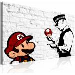 Tableau Mario Bros sur briques blanches Banksy - 90 x 60 cm - Blanc et Rouge