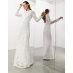 Robes de mariée Asos Design blanches à paillettes à manches longues à manches longues à col rond Taille S pour femme 