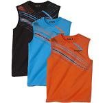 ATLAS FOR MEN - Lot de 3 Tee-Shirts Sport Homme sans Manches en Coton: Noir, Orange et Bleu. Lot de débardeurs. L.