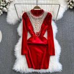 Robes de cocktail d'automne rouges en velours à perles minis Taille XXL look fashion pour femme 