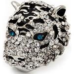 Avalaya Bague en forme de tête de tigre en cristal avec yeux bleus Plaqué rhodium Réglable 30 mm, Métal, Cristal