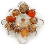 Avalaya Broche florale en perles de résine et perles de verre orange, marron, faite à la main en ton argenté – 40 mm L