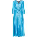 Robes de soirée longues bleues métalliques à col en V pour femme 