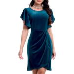 Robes de soirée courtes turquoise en velours à motif fleurs au genou à manches courtes Taille XL look fashion pour femme 