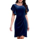 Robes de soirée courtes bleu marine en velours à motif fleurs au genou à manches courtes Taille XXL look fashion pour femme 