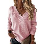 Pulls en laine d'automne roses à manches longues à col en V Taille S plus size look casual pour femme en promo 