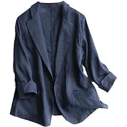 Blazer fin en coton et lin pour femme avec col cranté Style rétro simple Petit costume, bleu marine, XXL