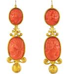 Boucles d'oreilles pendantes orange corail en camée en or jaune à perles pour femme 