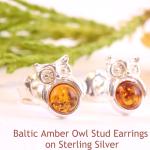 Boucles d'oreilles en perles pour la Saint-Valentin argentées en argent à clous à motif hiboux en ambre pour femme 