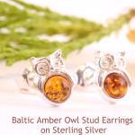 Boucles d'oreilles en perles pour la Saint-Valentin argentées en argent à clous à motif hiboux en ambre pour femme 