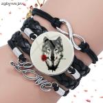 Bracelets roses en cuir à motif loups en cuir look fashion 