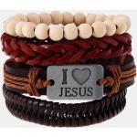 Bracelet religieux J'aime Jésus Bracelet en cuir de vachette multicouche Bracelet en bois blanc avec perles pour hommes