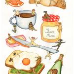 Breakfast Club Art Print/Nudie Rudie Funny Food Aquarelle Illustration Fantaisiste Cute Egg Art