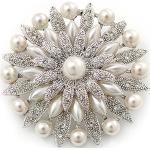 Broche florale cristal Swarovski, fausse perle blanche inspiration vintage en plaqué rhodium