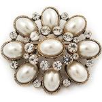 Avalaya Broche vintage en métal doré antique avec fausses perles et strass - Longueur : 5,5 cm, Perle, Perle