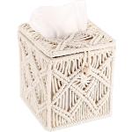 BTSKY Boîte à mouchoirs carrée en corde de coton – Organiseur décoratif bohème en macramé avec boucle à perles, décoration d'intérieur pour chambre à coucher, salon, commode et bureau, blanc