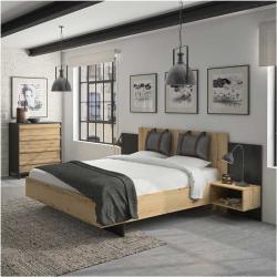 Cadre + Tête de lit avec coussins 160 200 + Chevets Chêne/Noir - FIP -