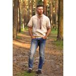 Chemises en jean beiges en lin avec broderie à manches courtes Taille L style ethnique pour homme 