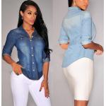 Chemises en jean bleues en fibre synthétique à manches longues Taille XXL plus size look fashion pour femme 