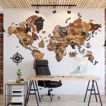 Décors muraux marron en bois imprimé carte du monde 