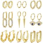 Boucles d'oreilles dorées en or créoles en lot de 9 look fashion pour femme 