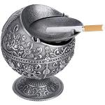 Cendrier de table en métal résistant au vent - Style vintage - Avec couvercle - Boule ronde en métal estampillé - Décoration cadeau (argenté)