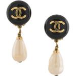 Boucles d'oreilles à clip de créateur Chanel noires en plaqué Or à perles seconde main pour femme 