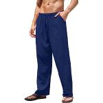 Pantalons en lin bleu marine respirants Taille L plus size look casual pour femme 