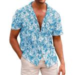 Chemises hawaiennes bleues à fleurs en coton à manches courtes Taille L classiques pour homme en promo 