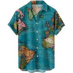 Chemises hawaiennes saison été bleues imprimé carte du monde à manches courtes Taille M look casual pour homme 