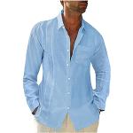 Chemises bleus clairs à carreaux en lin à manches longues à col rond Taille 3 XL look fashion pour homme 