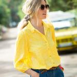 Chemises en jean jaunes en viscose à manches trois-quart Taille S pour femme en promo 