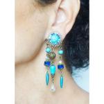 Boucles d'oreilles à clip turquoise en cristal fait main style bohème pour femme 