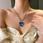 Collier pendentif grand cœur en cristal pour femmes, collier complet en strass, Titanic, cœur de l'océan, bleu, amour pour toujours, bijoux