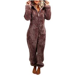 Combinaison pyjama en polaire pour femme - Avec capuche et fermeture éclair - Grande taille - Ours Kigurumis - Pour adultes - Pour dormir - En polaire - Fermeture éclair, marron, M