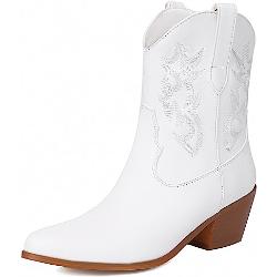 COOLCEPT Femmes Western Cowboy Bottes Embroidered Metallic Bottes Talons Chunky Cheville Cowgirl Bottes Pull on White Taille 37