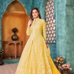 Salwars jaunes imprimé Indien en satin avec broderie look fashion pour femme 