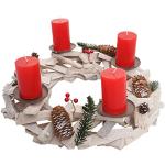 Couronne de l'Avent Ronde, décoration de Noël, Bois, Ø 40cm, Blanc/Gris - avec des Bougies, Rouge