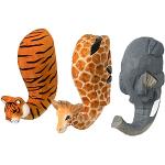 Crochets muraux Safari Family Têtes d’animaux - Crochet à vêtements en bois Set de 3 : Eléphant, Girafe, Tigre, 13 x 10 x 5 cm