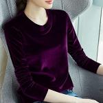 Chemises d'automne violet foncé en velours à manches longues à manches longues à col rond Taille XXL plus size look fashion pour femme 