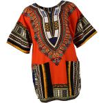 Robes d'été orange imprimé africain à motif Afrique lavable à la main à manches courtes à col rond style ethnique pour femme 