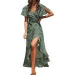 Robes en dentelle vintage vertes à fleurs en cuir synthétique à volants minis à manches longues à col carré Taille XL plus size style bohème pour femme 